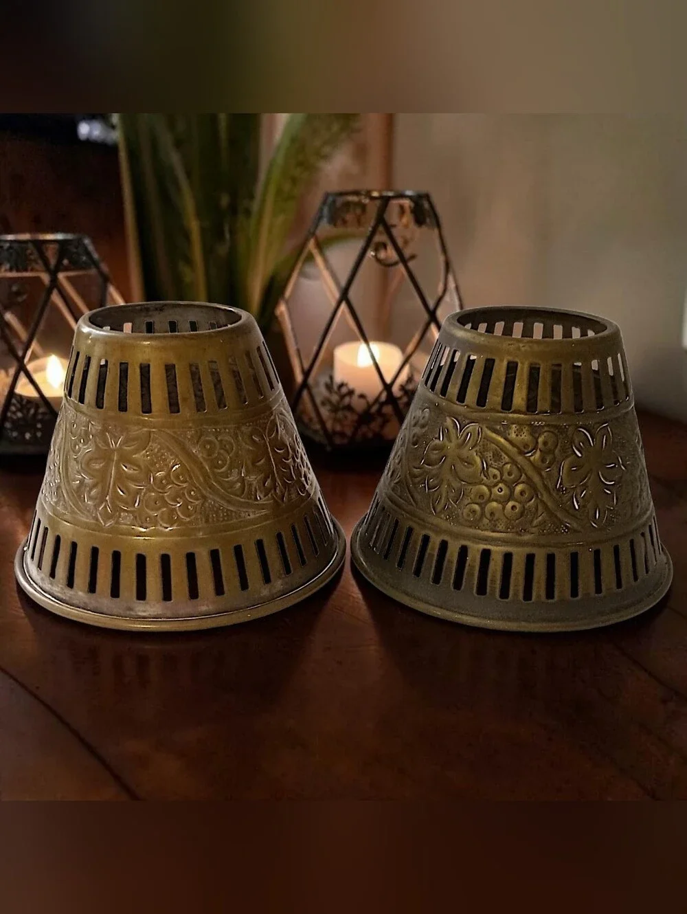 2 Vintage Brass Candle Votive Shades Pair Pierced Embossed Grape Floral Patina